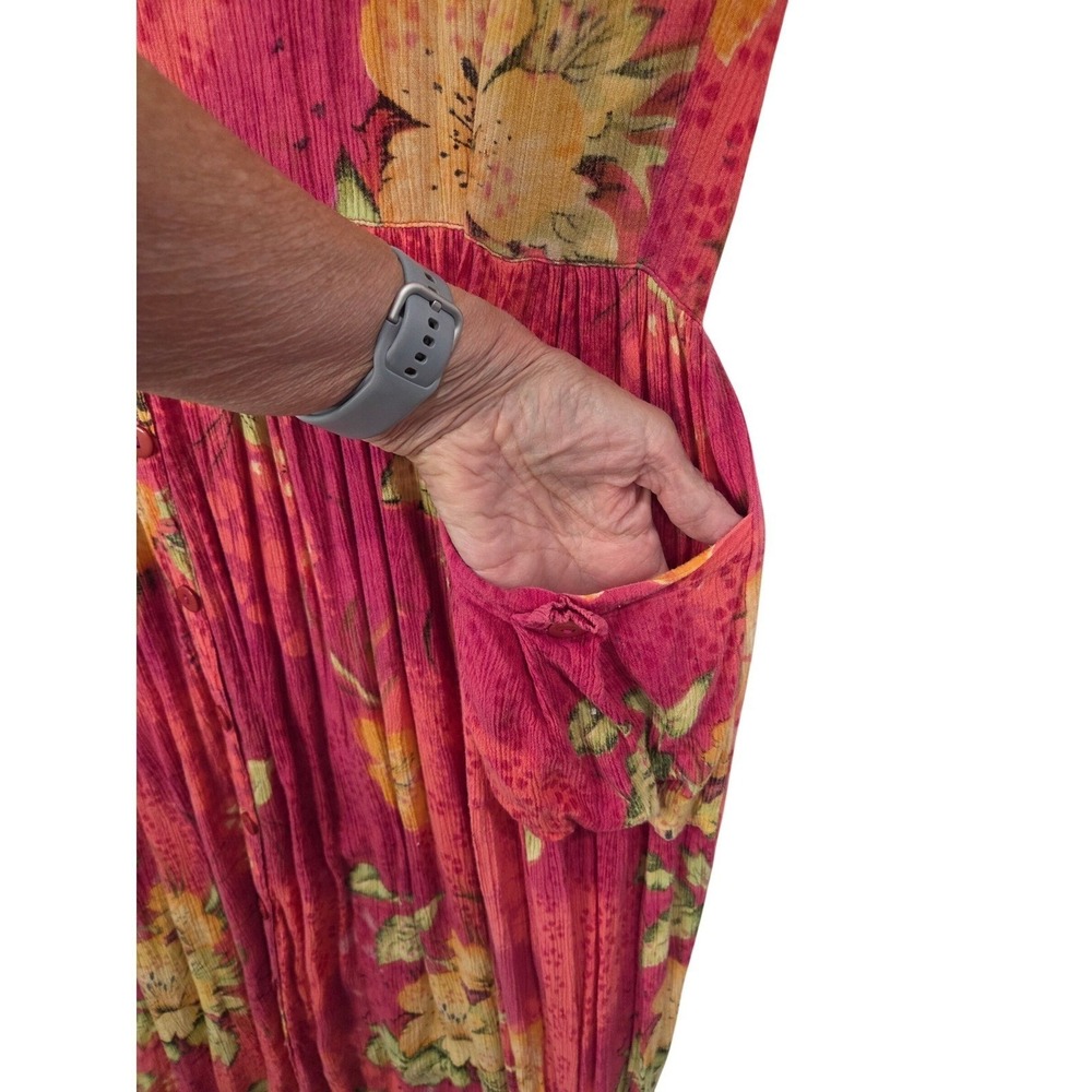 Bila M Rayon Floral Midi Dress Pink Sleeveless V Neck Button Front Pockets Boho - Picture 6 of 12